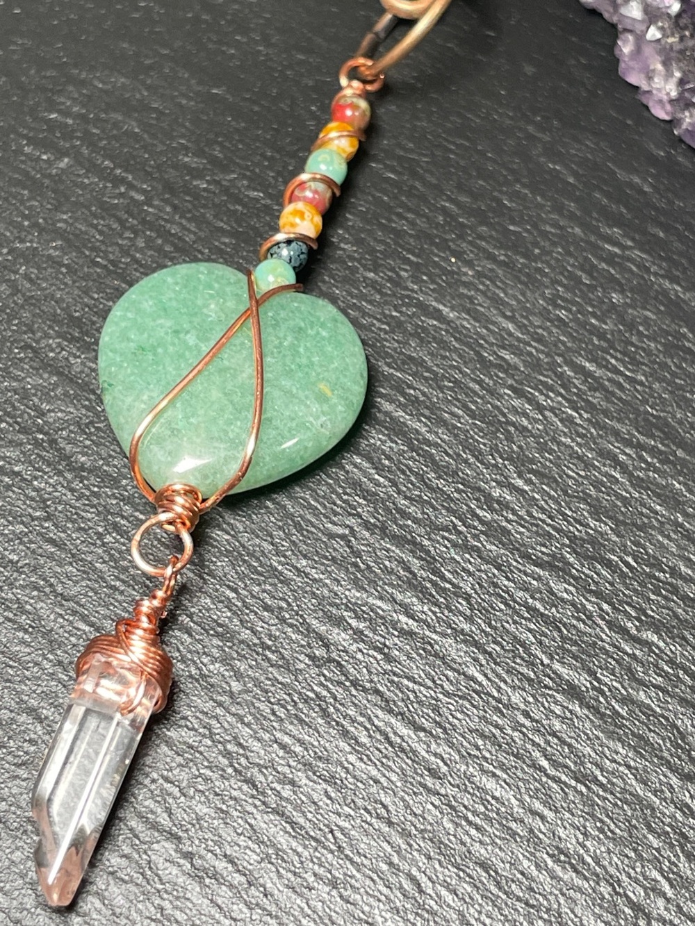 Handmade Aventurine Heart Keychain with Clear Quartz Point - Picture 3 of 10